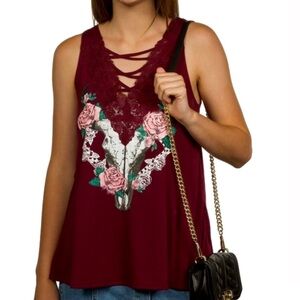 Wound Up Burgundy Criss Cross Lace Tank Top